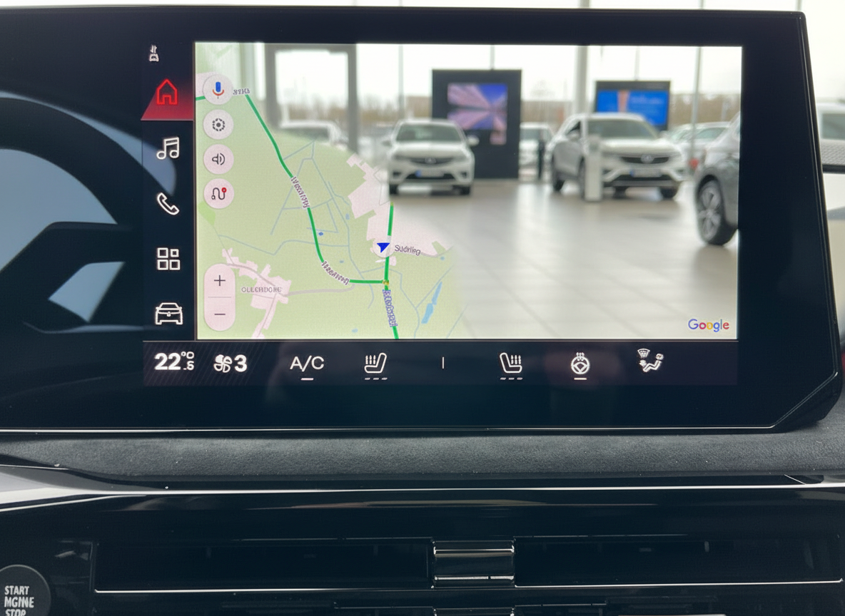 Infotainment-Display mit Google Maps Navigation im Fahrzeug-Innenraum im Autohaus
