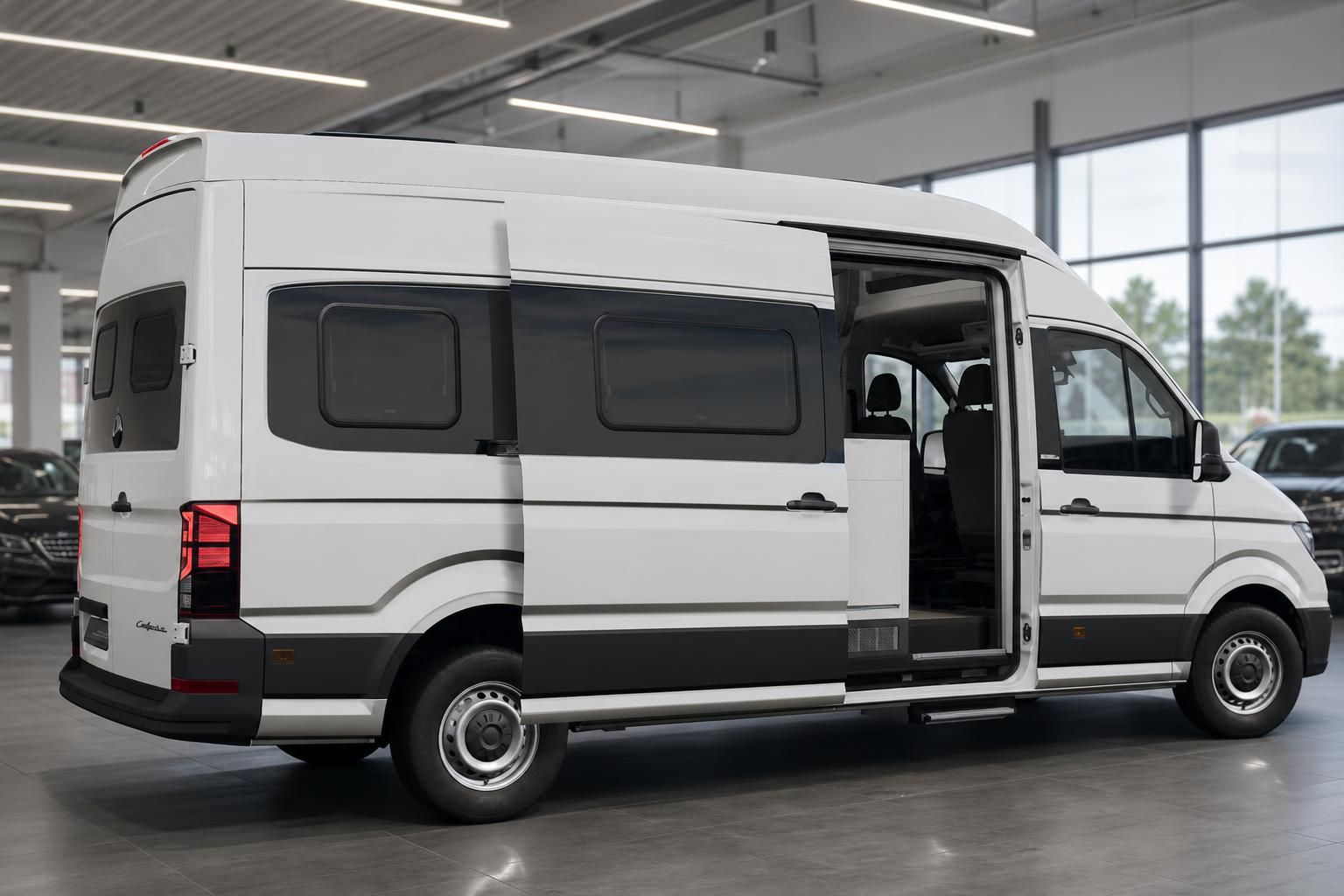 Mercedes Crafter Reisemobil in Weiß mit geöffneter Schiebetür seitlich