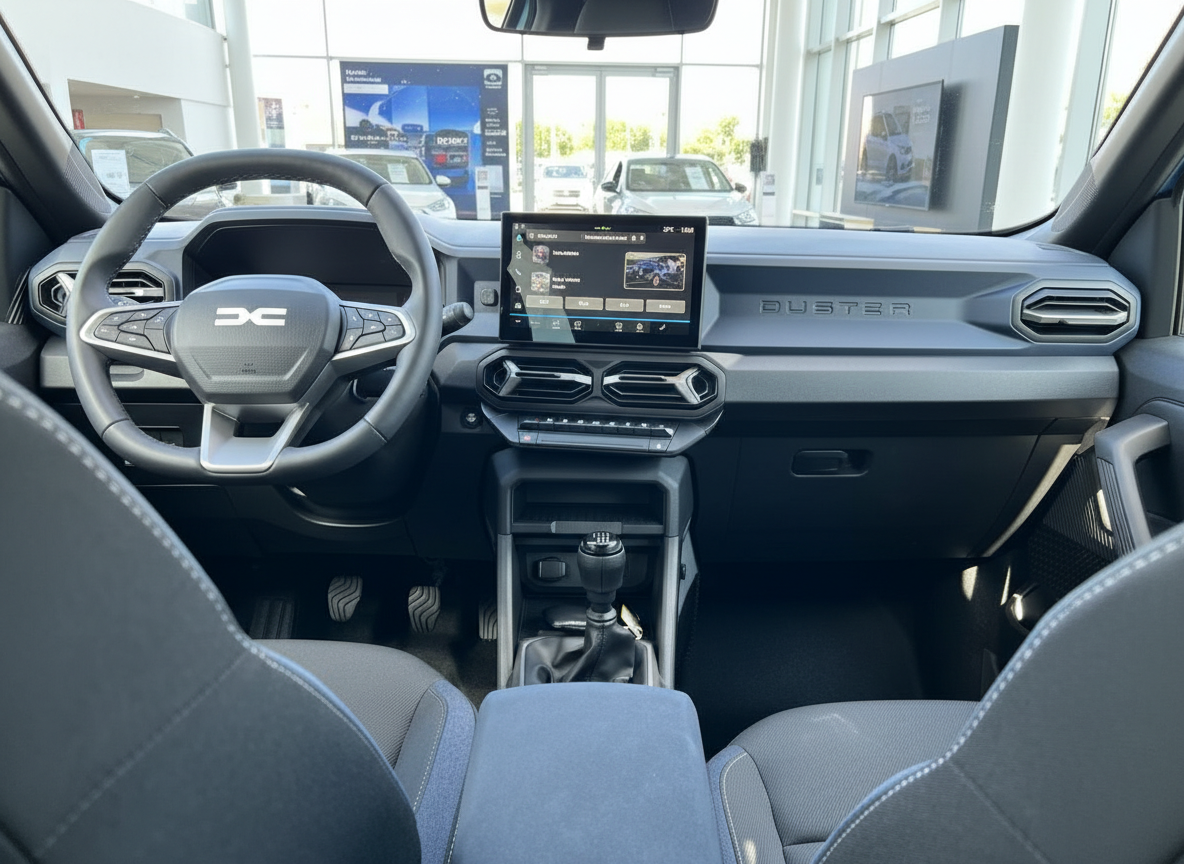 Dacia Duster Innenraum Cockpit mit Lenkrad Touchscreen und Schaltgetriebe im Autohaus