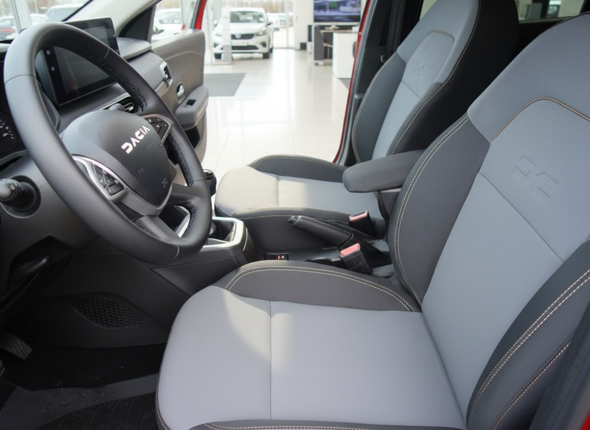 Dacia Innenraum Fahrersitz grau mit Lenkrad und Mittelkonsole