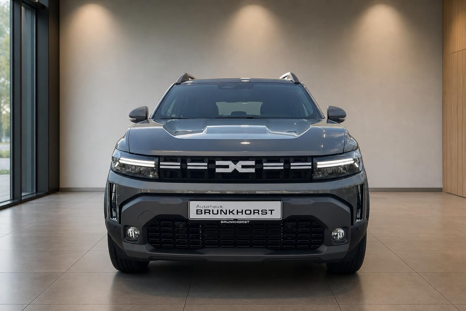 Dacia SUV Frontansicht - graue Lackierung mit charakteristischem Kühlergrill und LED-Scheinwerfern