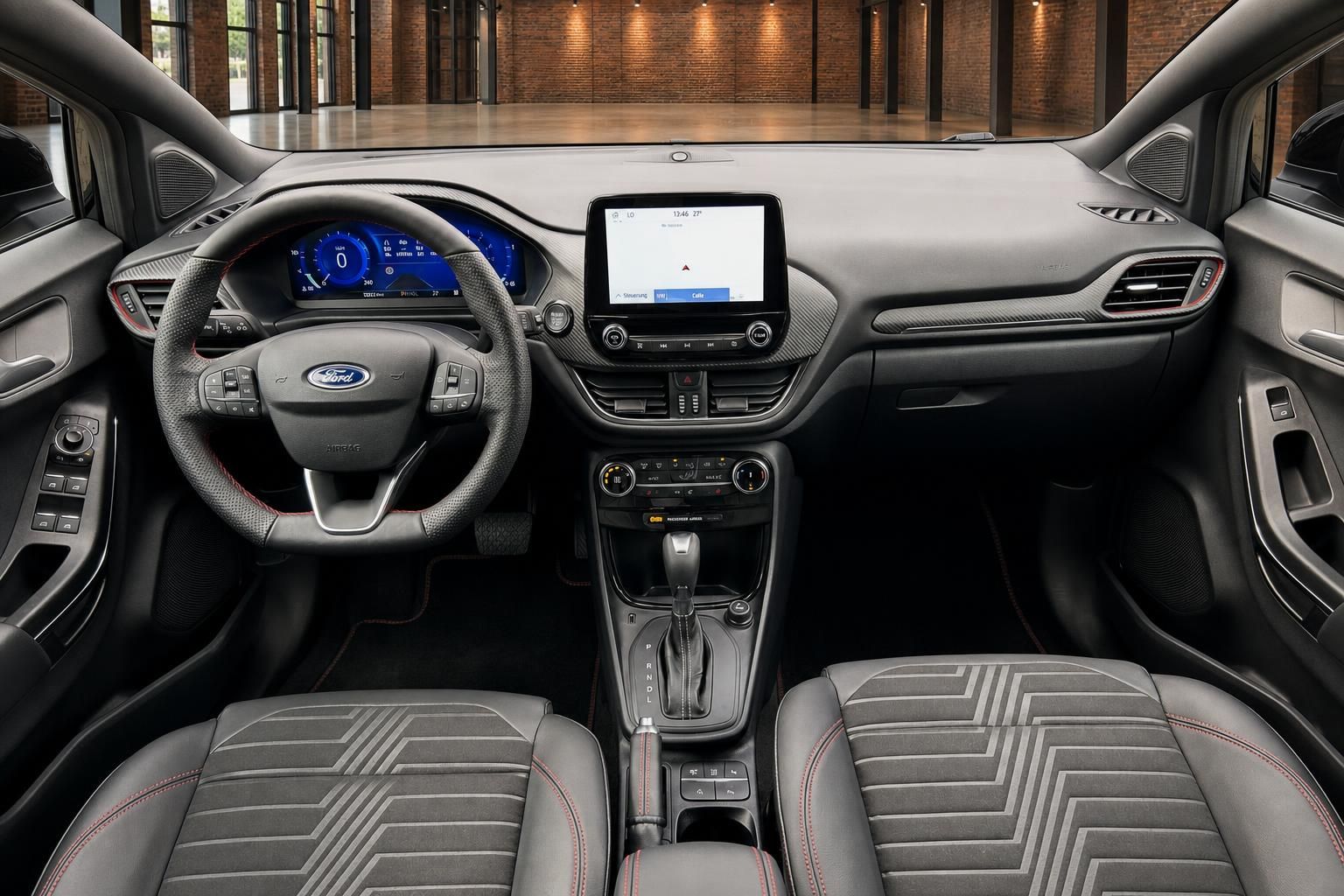 Ford Fiesta Innenraum Frontansicht mit Armaturenbrett und Touchscreen-Display