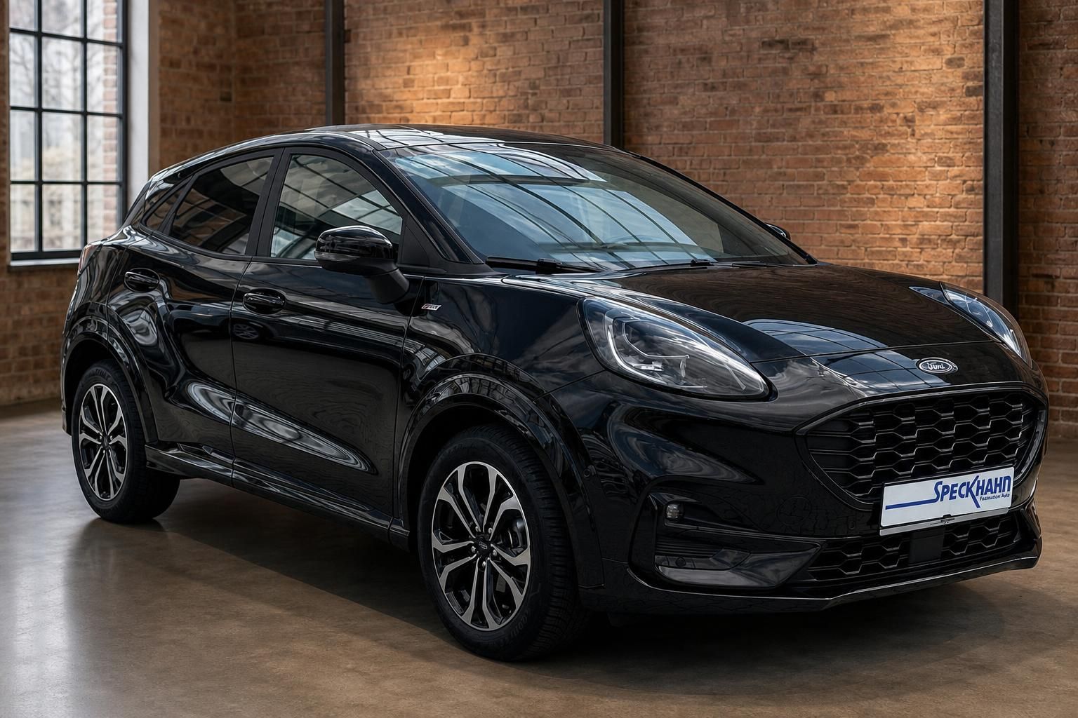 Ford Puma schwarz Frontansicht ST-Line mit Alufelgen Studioaufnahme