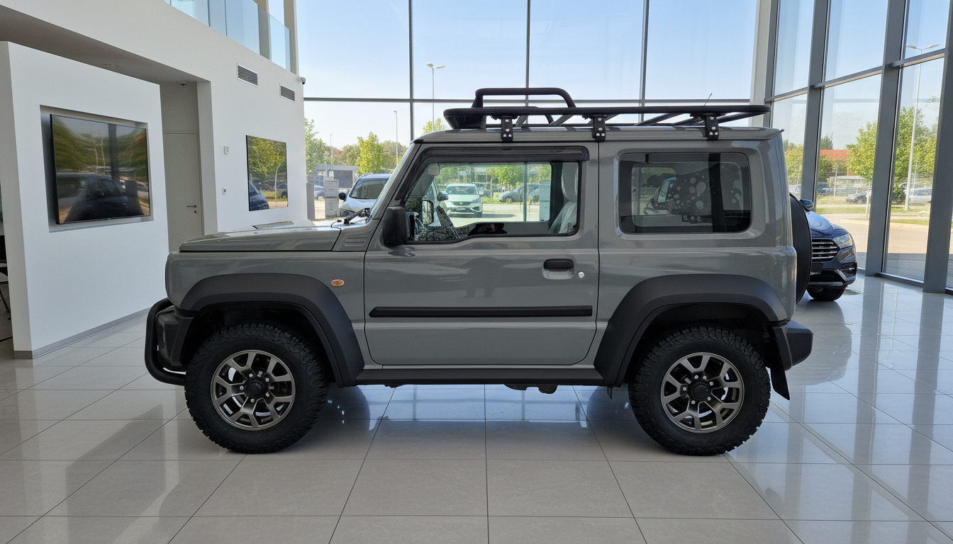 Grauer Suzuki Jimny Geländewagen mit schwarzem Dachträger und Offroad-Reifen in Autohaus-Showroom – Seitenansicht des kompakten 4x4 SUV
