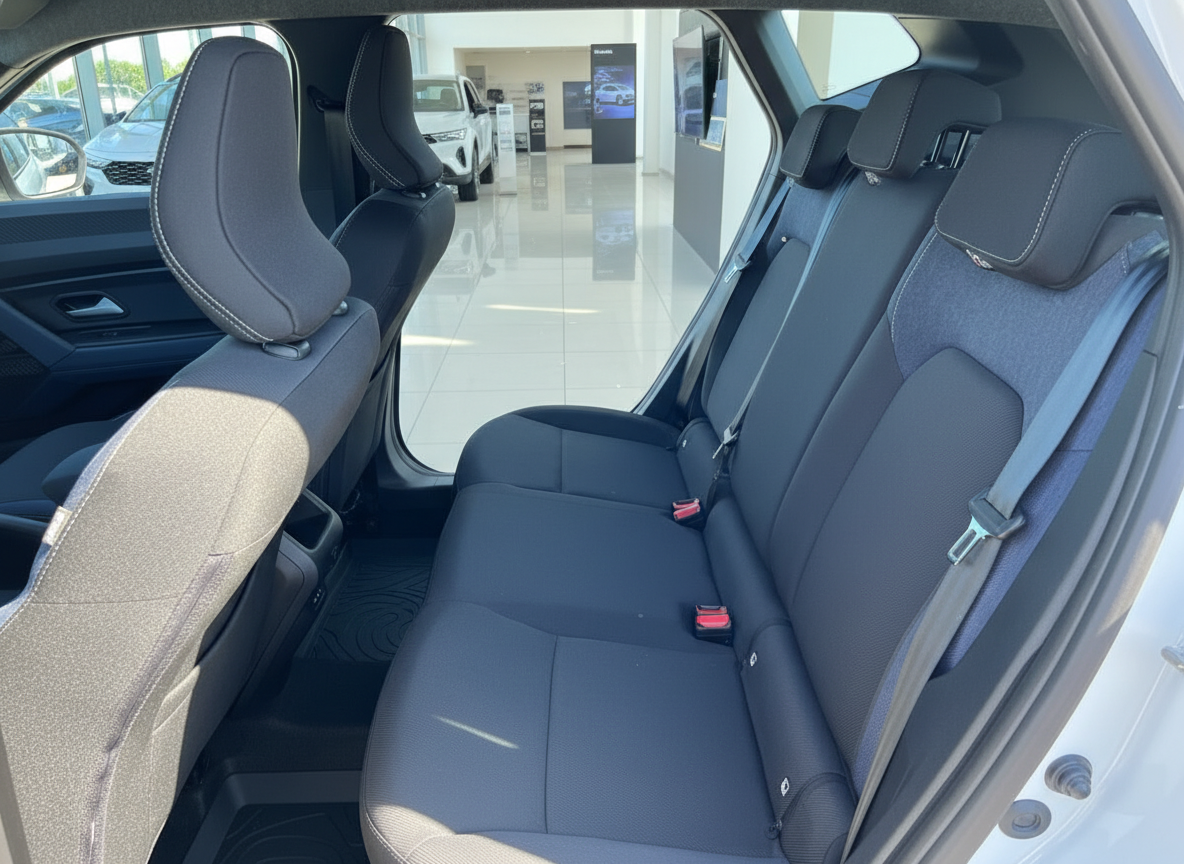 Fahrzeuginnenraum Rücksitzbank mit schwarzem Stoffbezug und Sicherheitsgurten im Autohaus