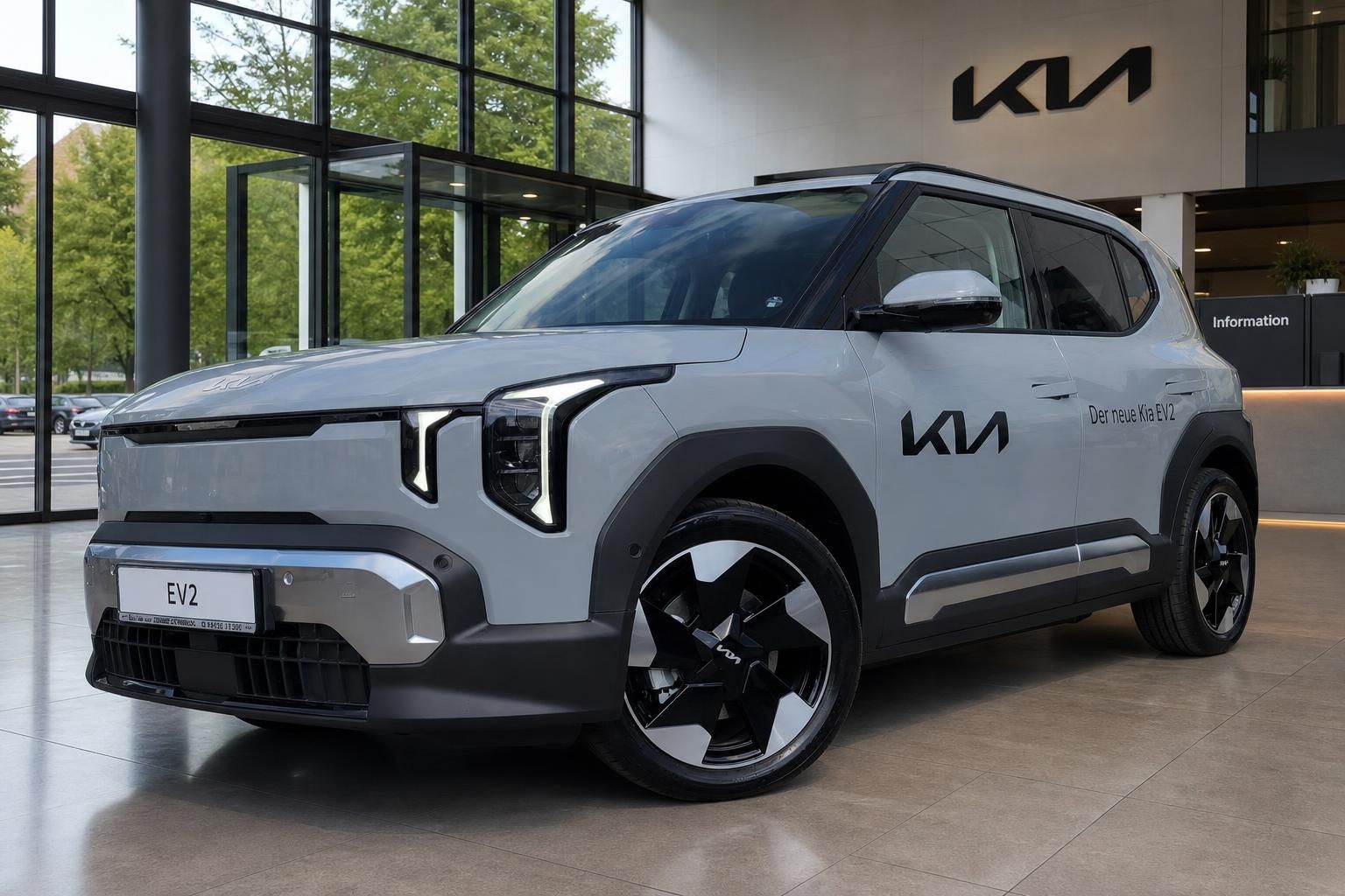 Kia EV2 grau in Frontansicht beim Haendler im Showroom