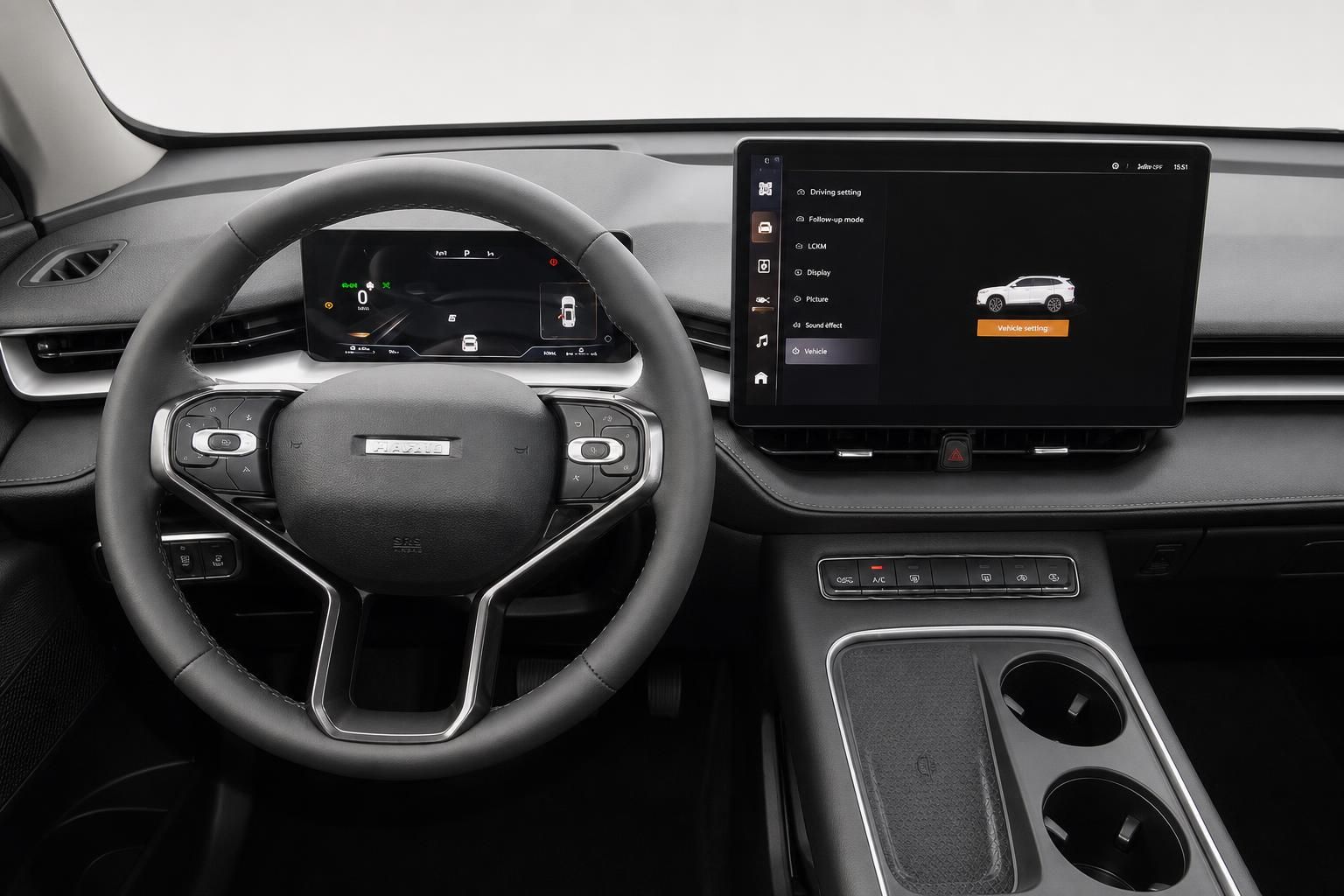 Haval SUV Cockpit mit Lenkrad, digitalem Kombiinstrument und großem Touchscreen-Display