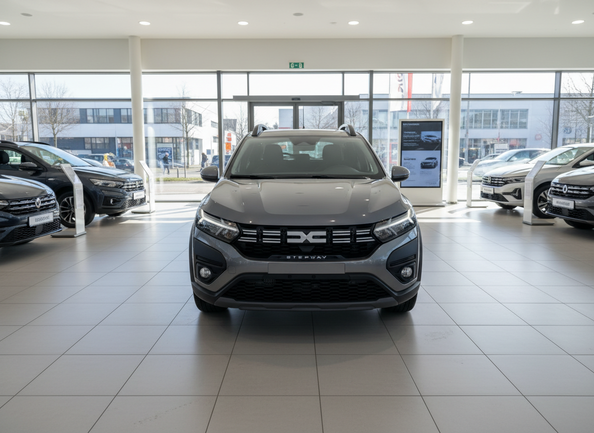 Dacia Sandero Stepway in Grau – Frontansicht im Autohaus-Showroom