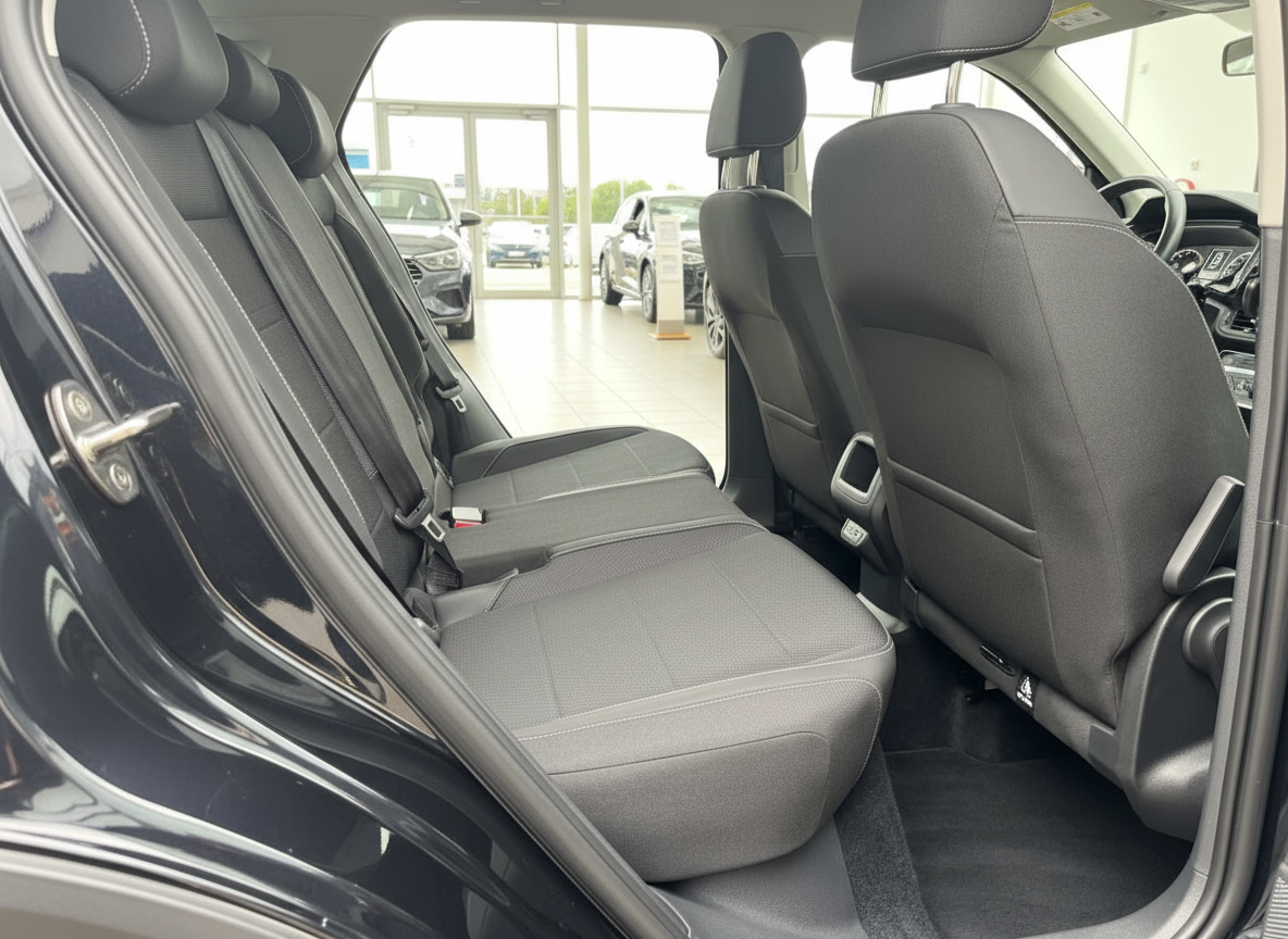 Schwarzes SUV Innenraum Rücksitzbank mit schwarzen Stoff-Ledersitzen im Autohaus