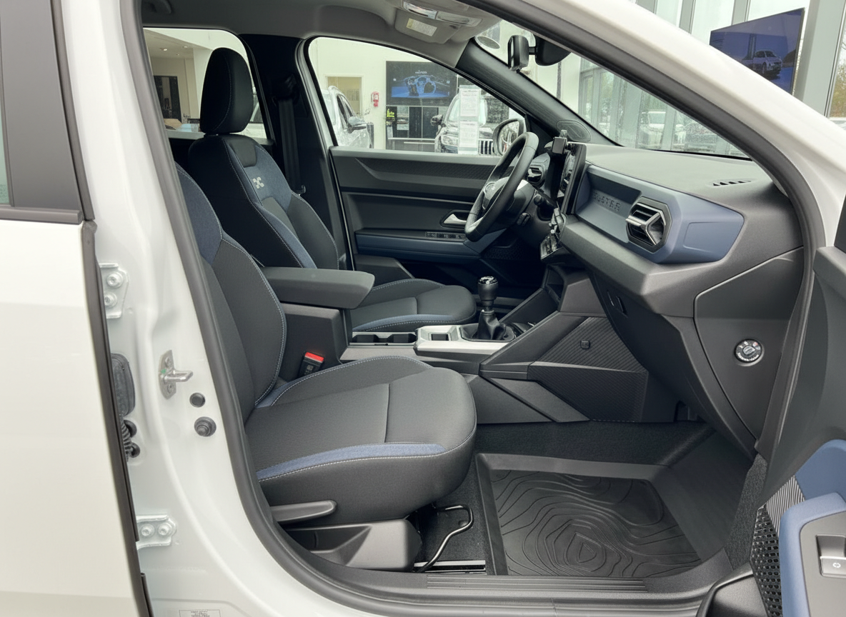 Fahrzeug Innenraum mit schwarzen Ledersitzen, Schaltgetriebe und modernem Cockpit