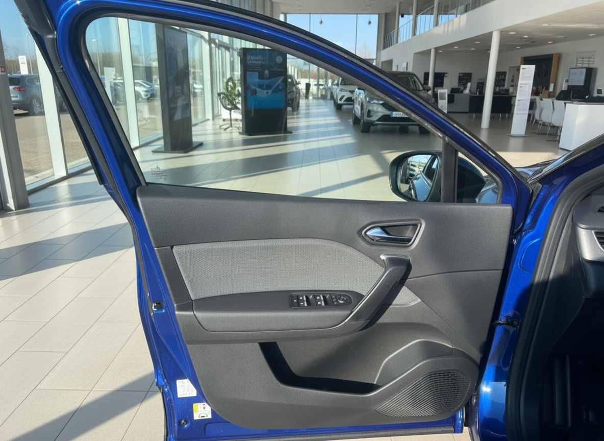 Blaues Fahrzeug Türinnenverkleidung mit Fensterheberschalter im Autohaus