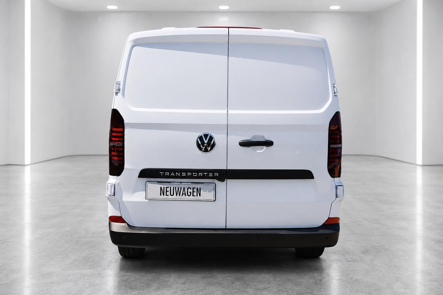 VW Transporter weiß Kastenwagen Heckansicht direkt von hinten