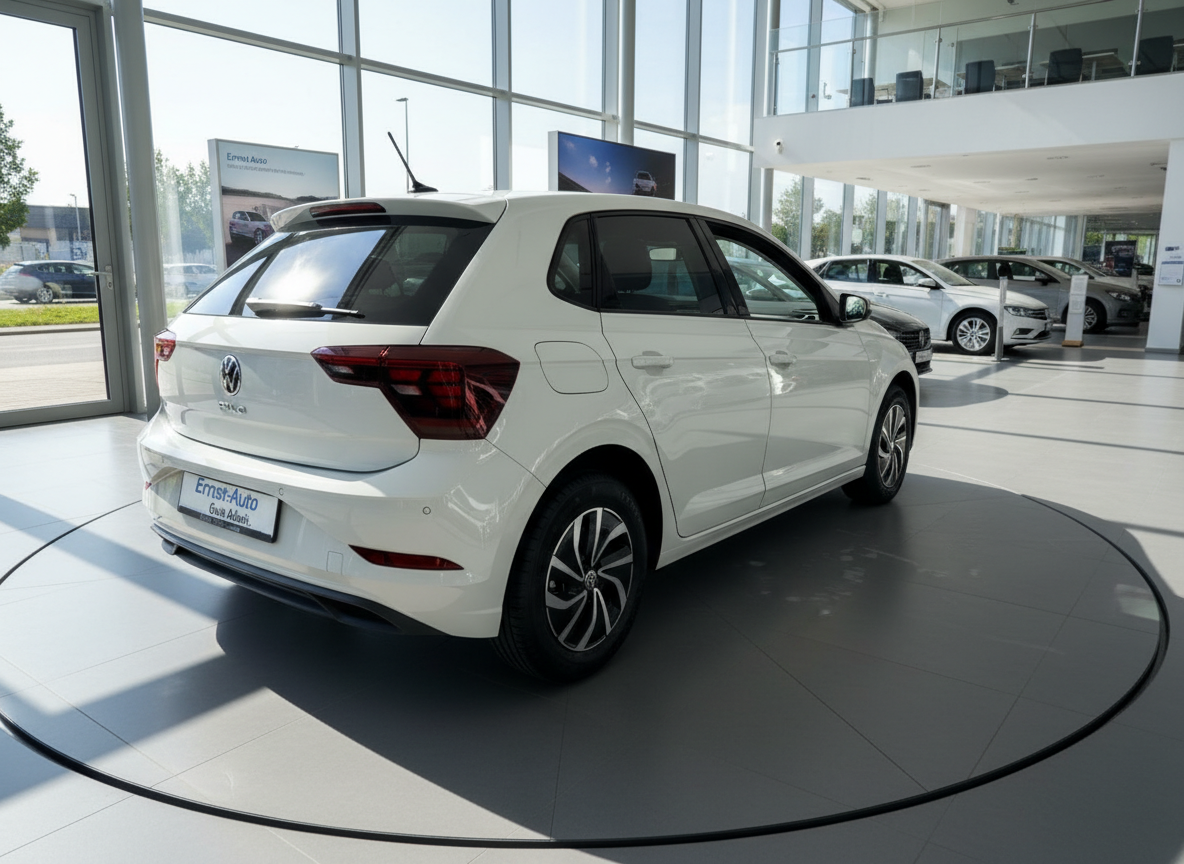 Weißer Volkswagen Polo Hatchback im Autohaus Ernst-Auto, Heckansicht
