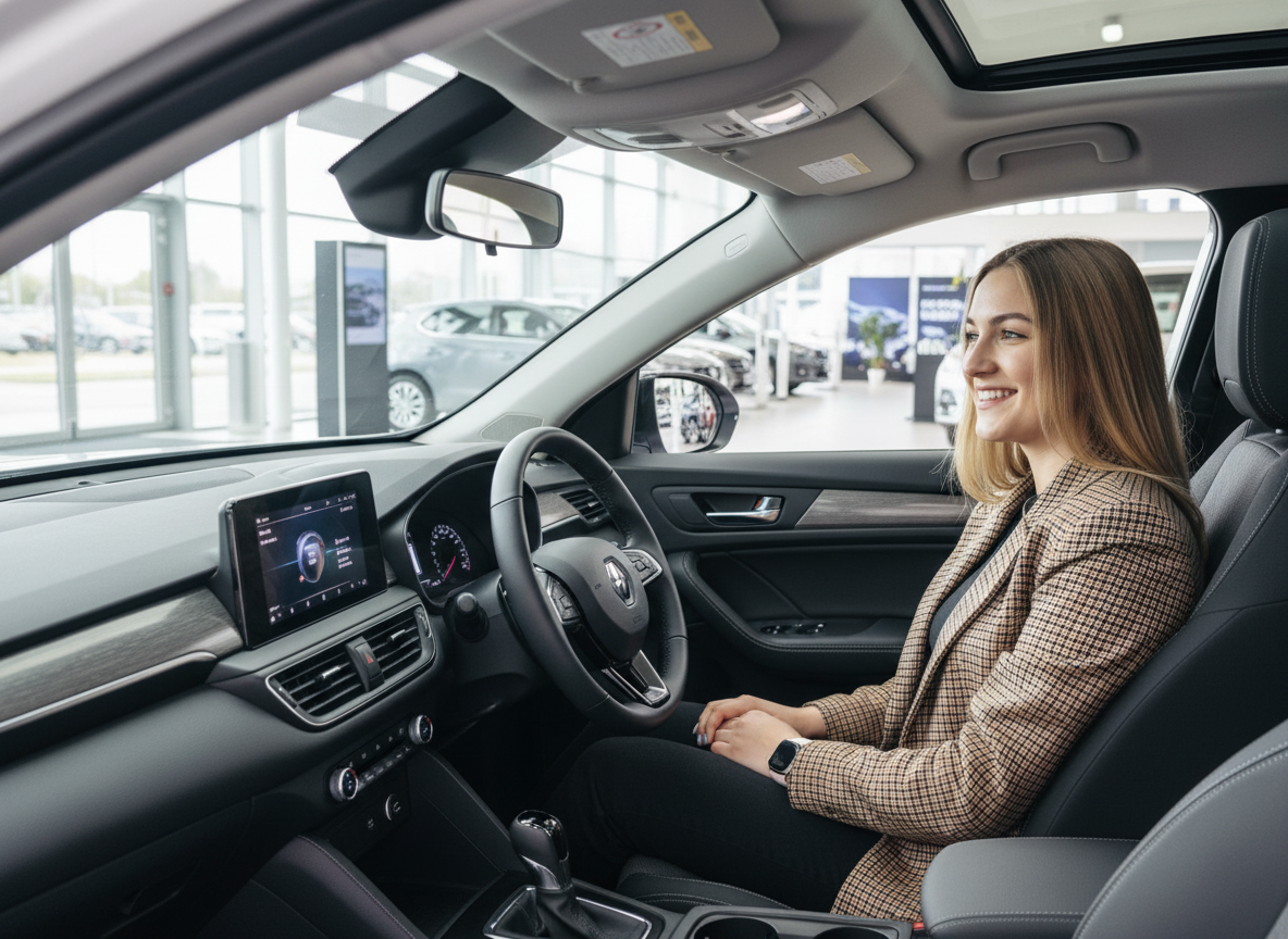 Frau sitzt lächelnd im Innenraum eines modernen Renault mit Touchscreen und Ledersitzen im Autohaus