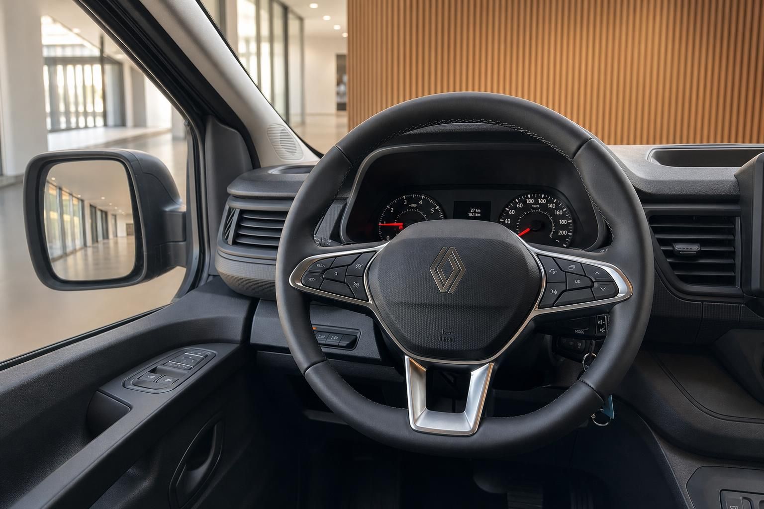 Renault Cockpit mit Lenkrad, Armaturenbrett und Außenspiegel im modernen Fahrzeug-Innenraum