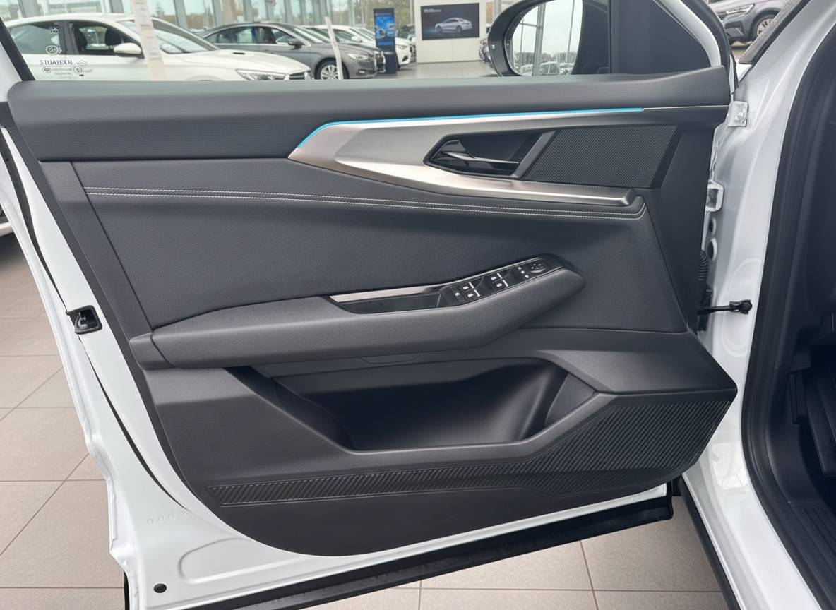 BMW Fahrzeugtür Innenansicht mit Fensterheber und blauer Ambientebeleuchtung im Autohaus