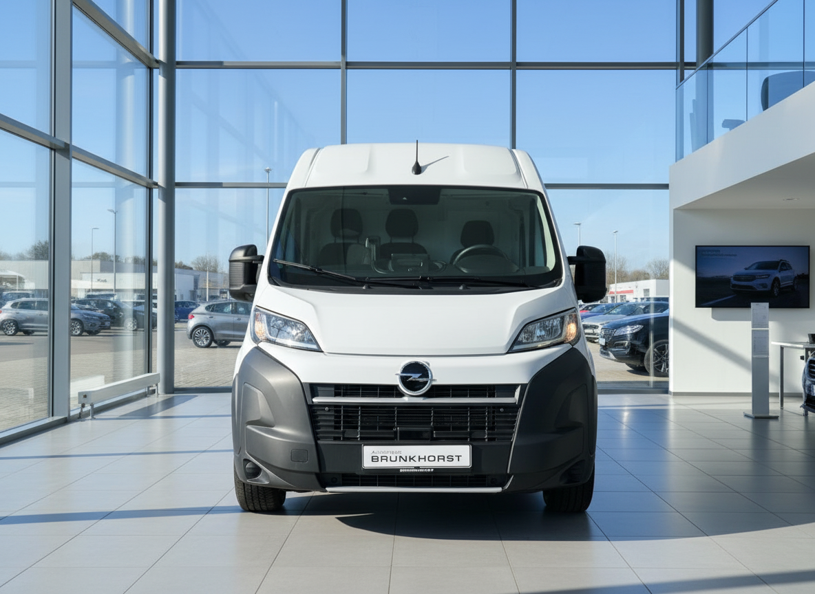 Opel Movano weißer Kastenwagen Frontansicht im Autohaus Brunkhorst Showroom