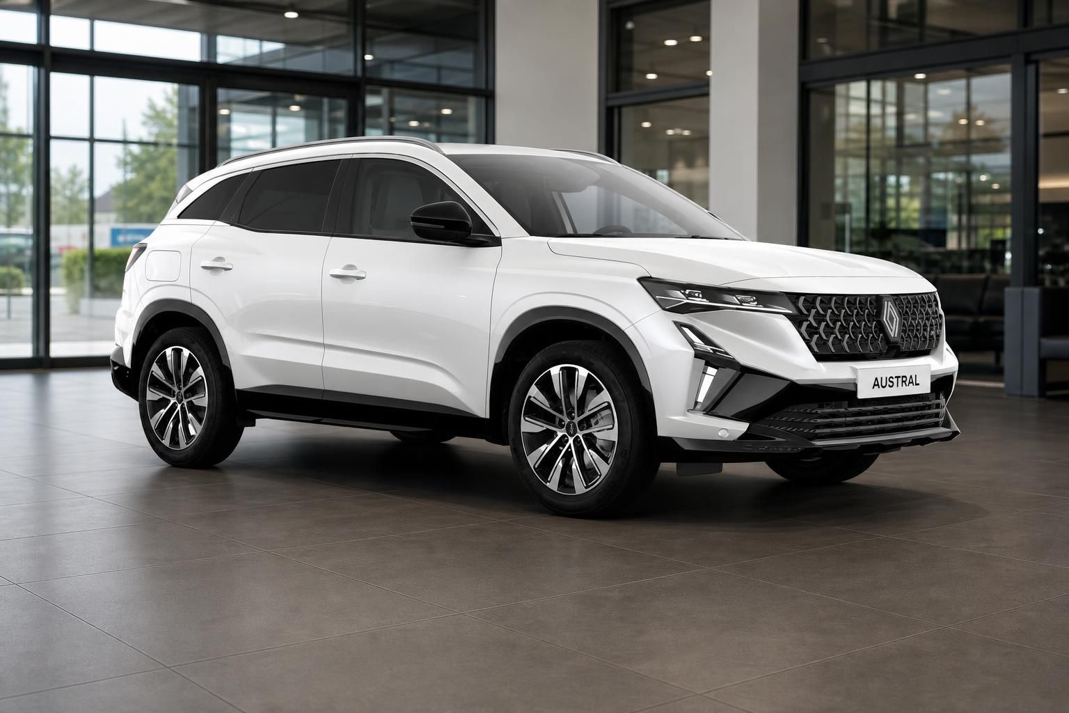 Renault Austral in Weiß, Frontansicht im modernen Autohaus