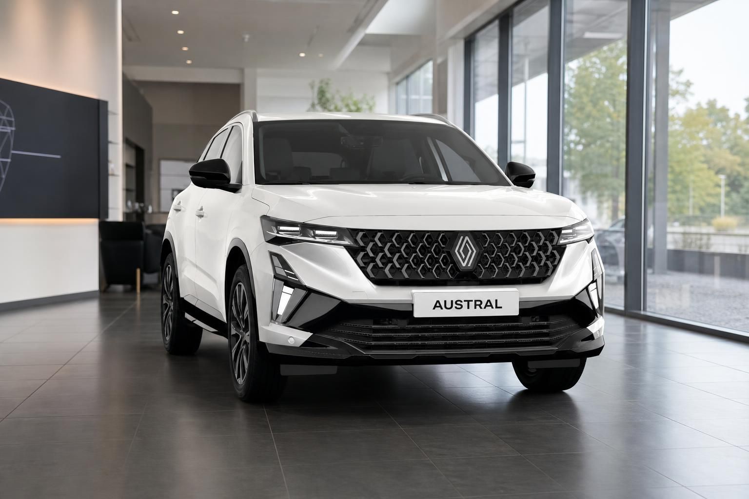 Renault Austral weiß Frontansicht im modernen Autohaus