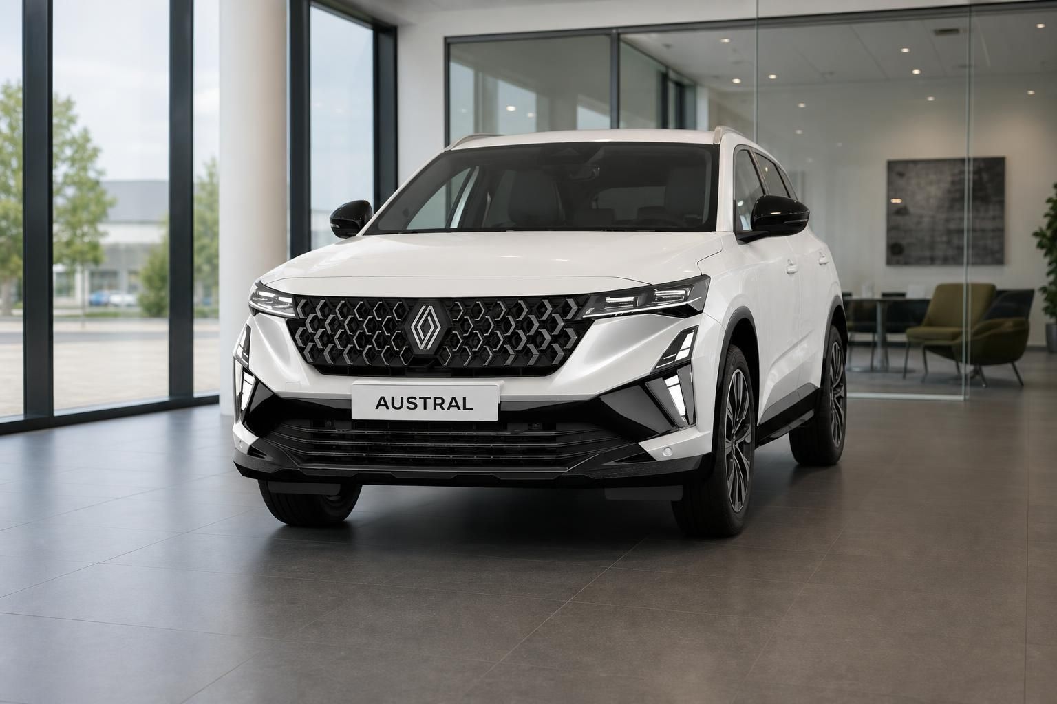 Renault Austral weiß in Frontansicht im Autohaus Showroom