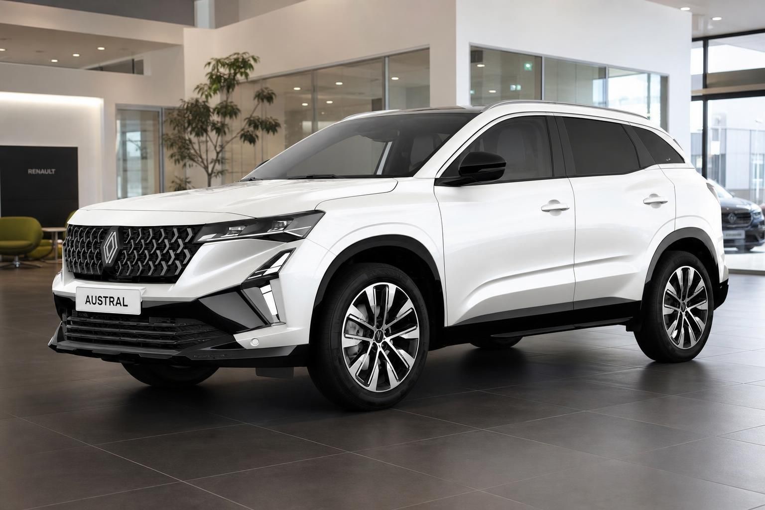 Renault Austral weiß, Frontansicht im Showroom des Autohauses