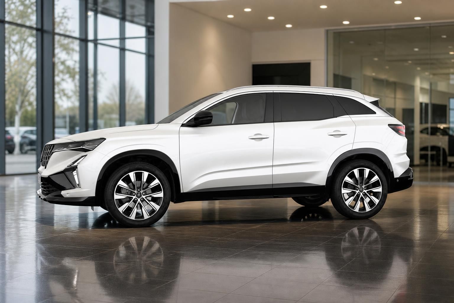 Renault Austral weiß, seitliche Frontansicht im Showroom