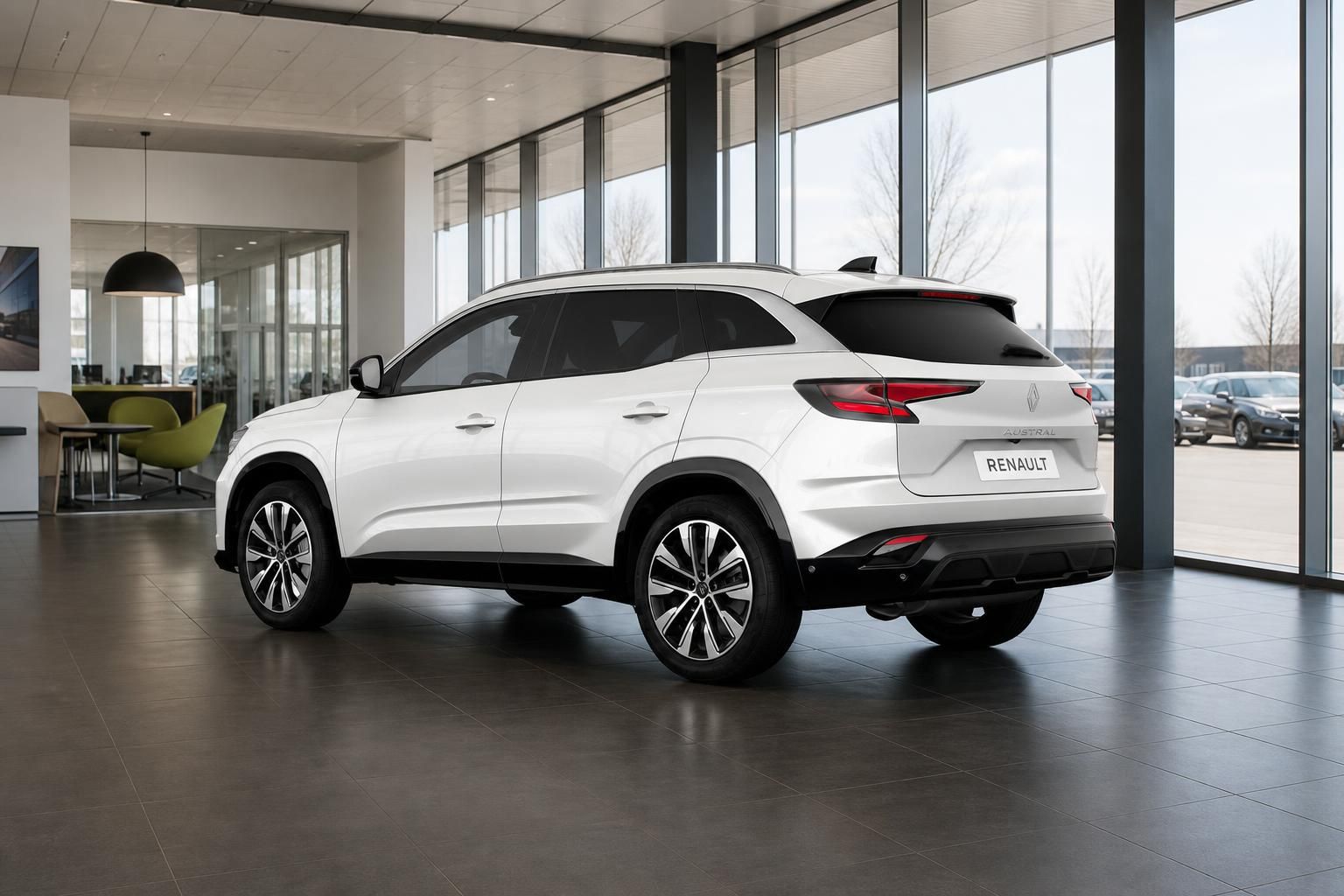 Renault Austral weiß, Heck-Seitenansicht im Autohaus