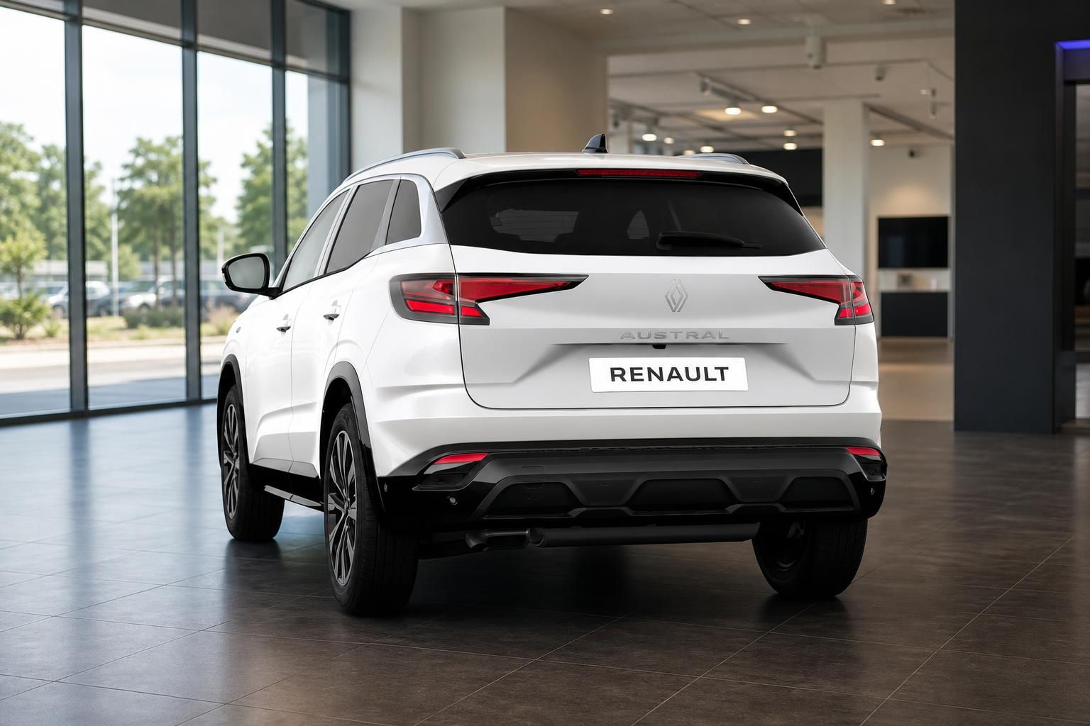 Renault Austral in Weiß, Heckansicht im Autohaus-Showroom