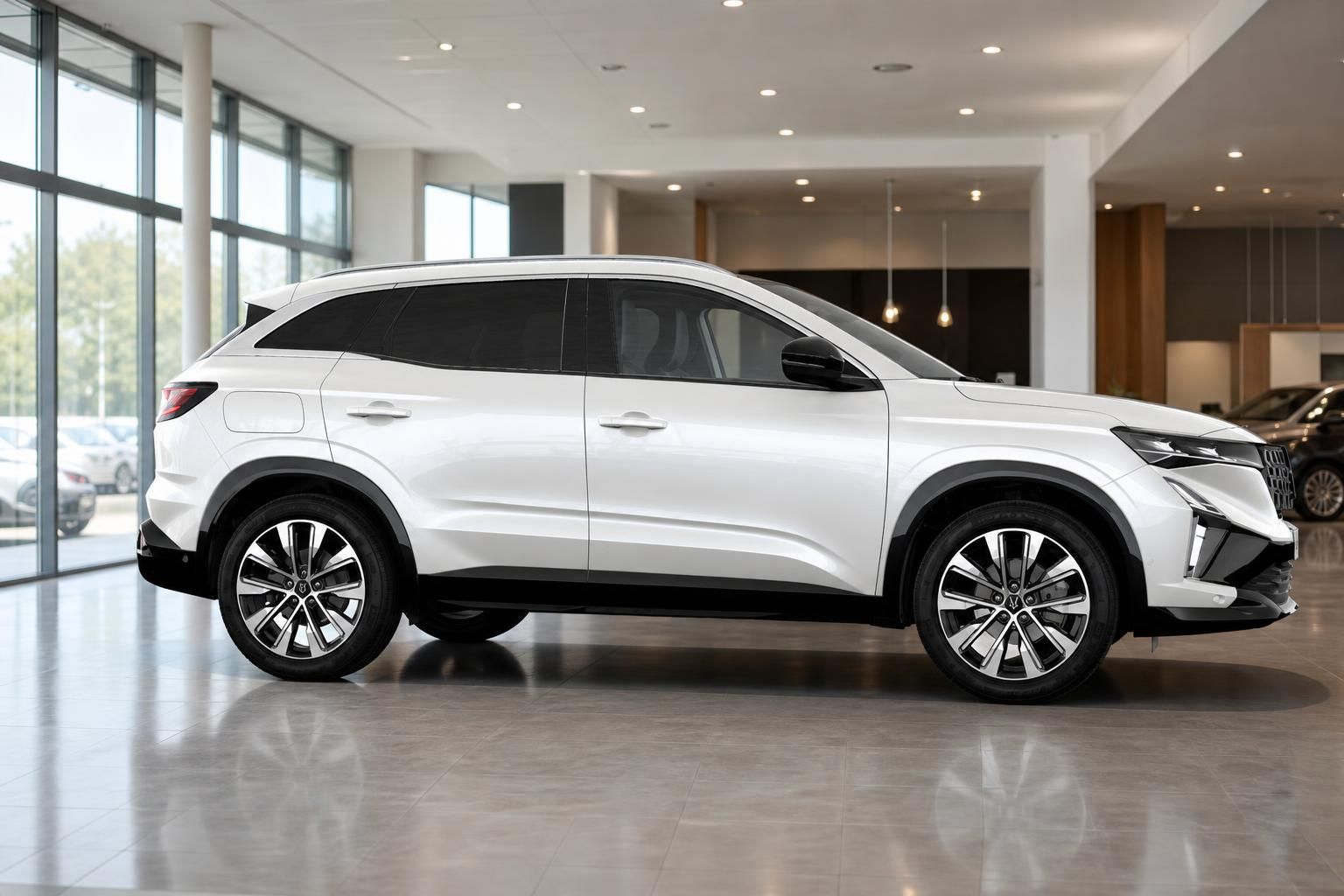 Renault Austral weiß, seitliche Ansicht im Autohaus präsentiert