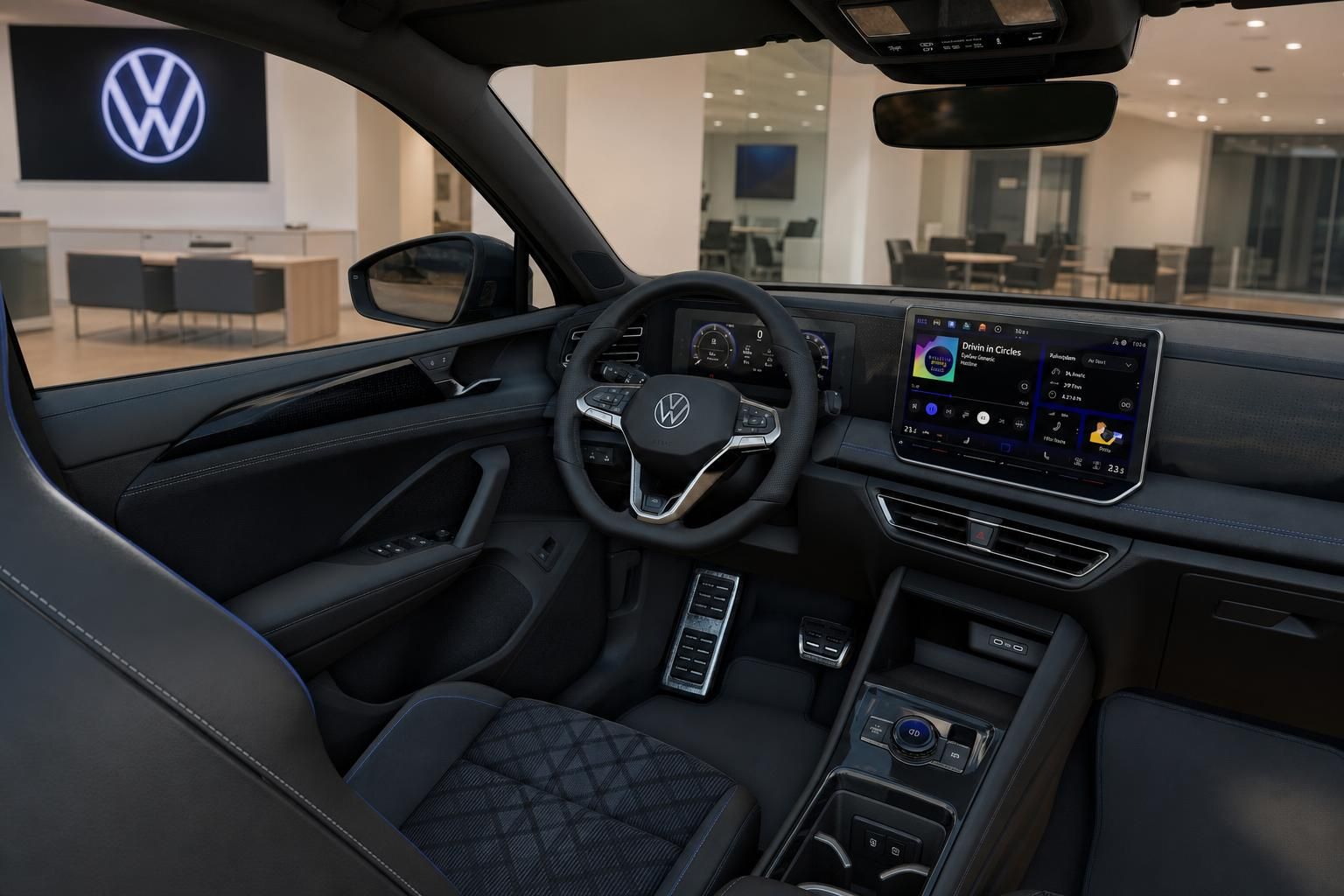 VW Tiguan Cockpit mit Lenkrad und Infotainment-Display