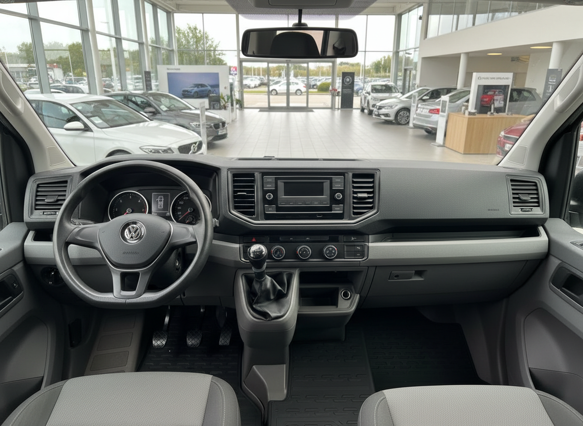 Volkswagen Crafter Innenraum mit Cockpit, Schaltgetriebe und grauem Lenkrad im Autohaus