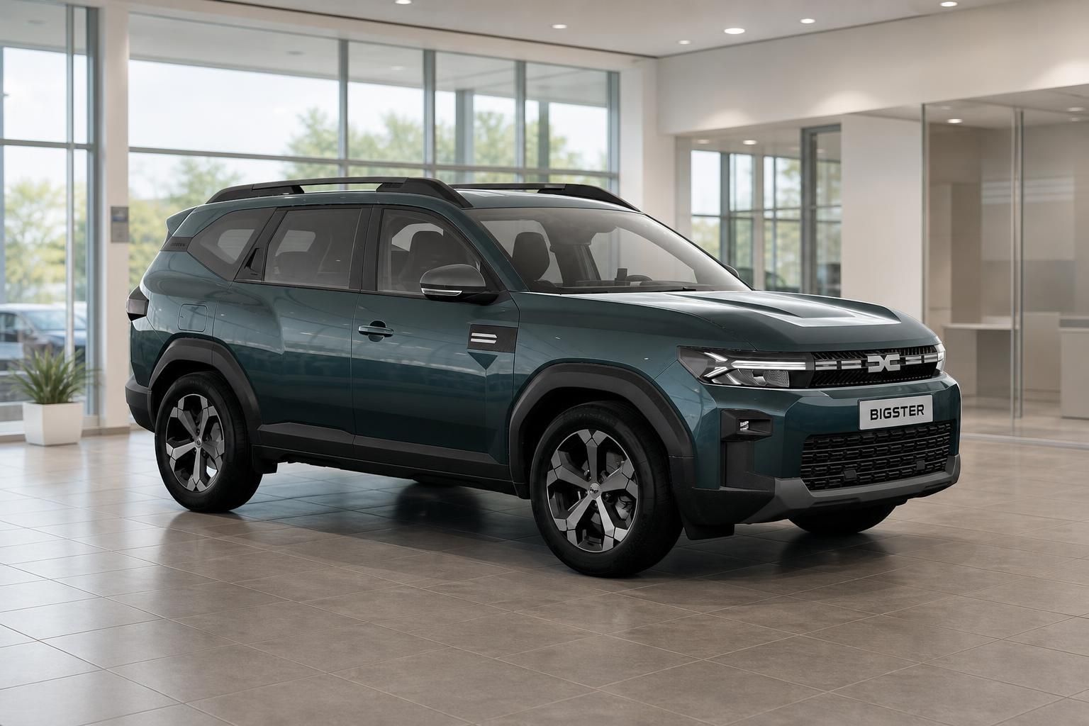 Dacia Bigster Frontansicht in Dunkelgruen im Showroom