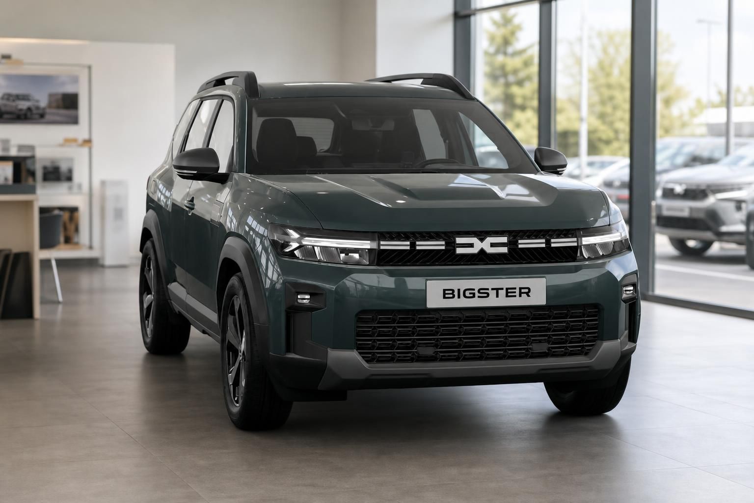 Dacia Bigster gruen, Frontperspektive im Autohaus praesentiert