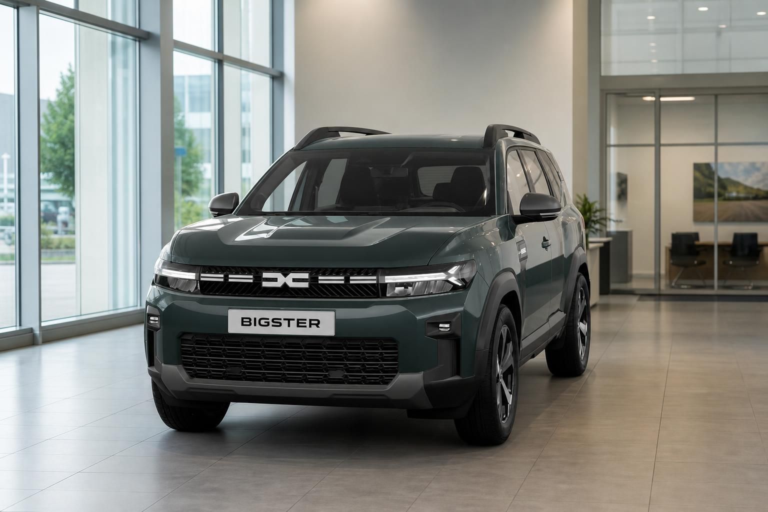 Dacia Bigster in Gruen, Frontansicht im Autohaus Showroom