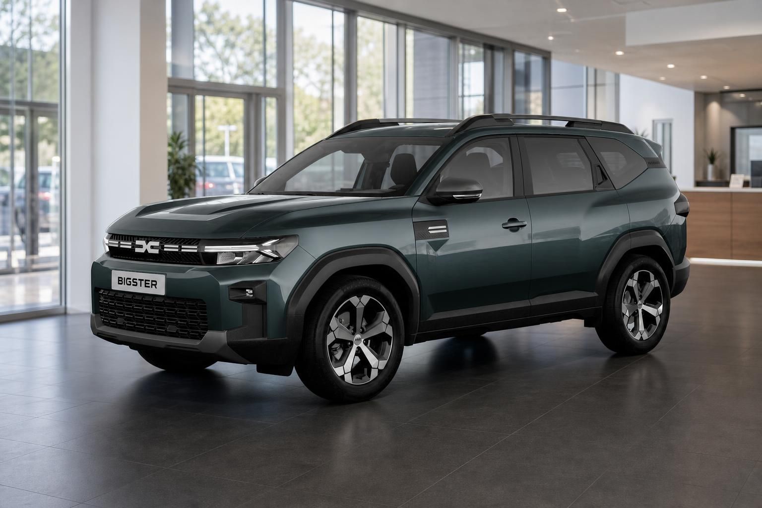 Dacia Bigster in Gruen, Frontansicht schraeg im Showroom