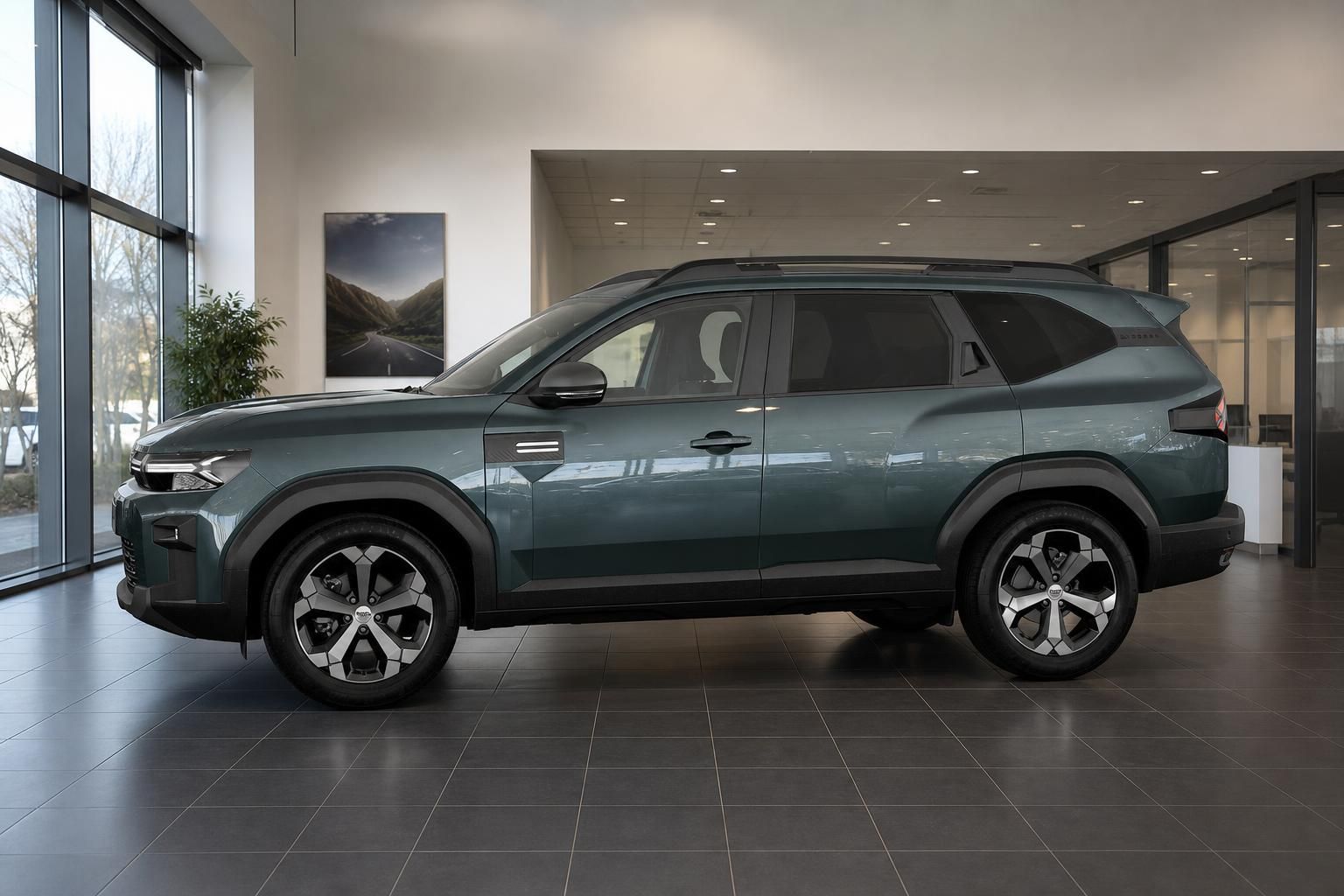 Dacia Bigster Seitenansicht, gruen metallic in modernem Autohaus