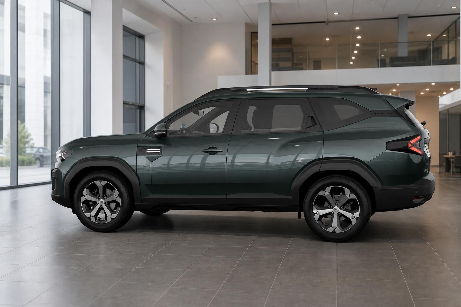 Dacia Bigster in Gruen, Seitenansicht im Autohaus-Showroom