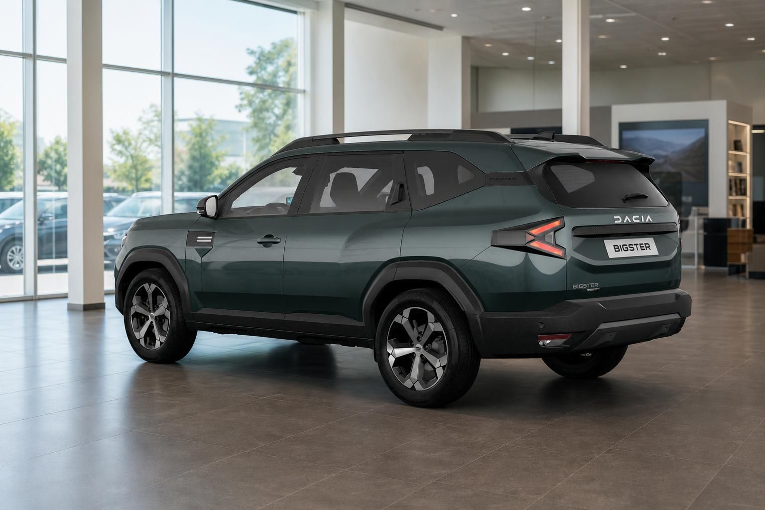 Dacia Bigster Heckansicht schraeg, gruenes SUV im Autohaus