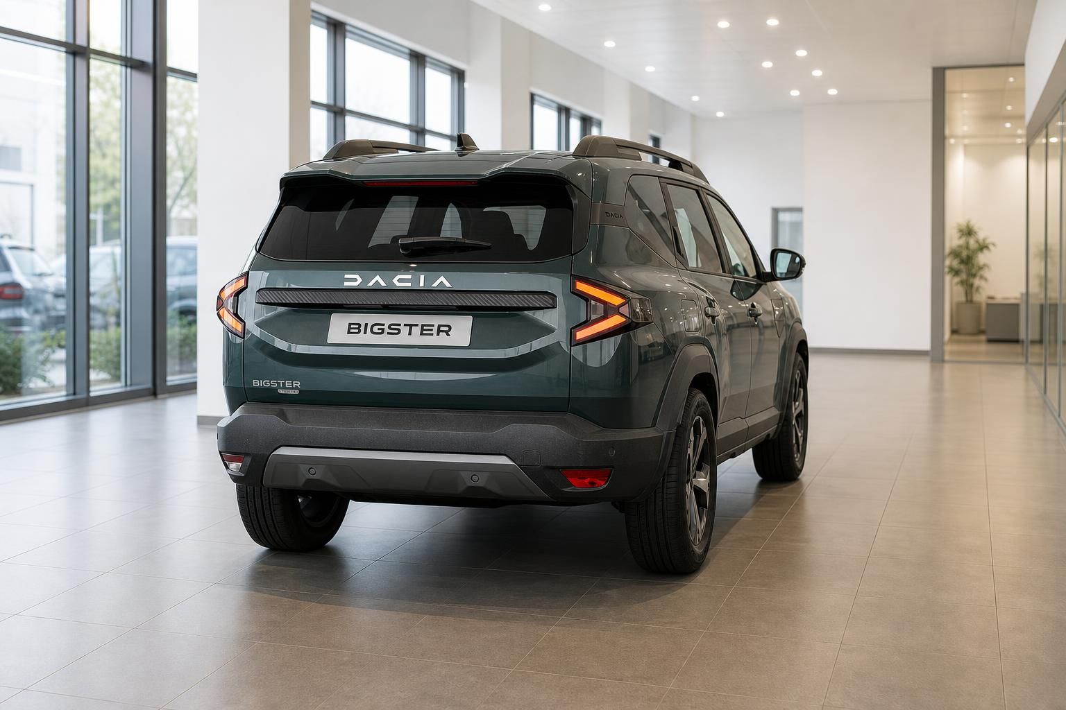 Dacia Bigster in Gruen, Heckansicht im Autohaus-Showroom