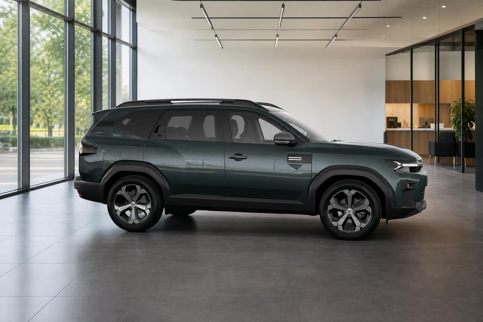 Dacia Bigster Seitenansicht in Dunkelgruen im Showroom
