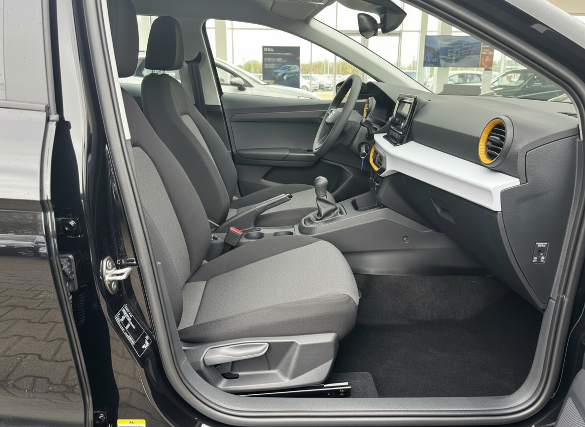 Innenraum eines schwarzen SEAT Arona – Fahrersitz, Schaltgetriebe und Armaturenbrett mit gelbem Akzent