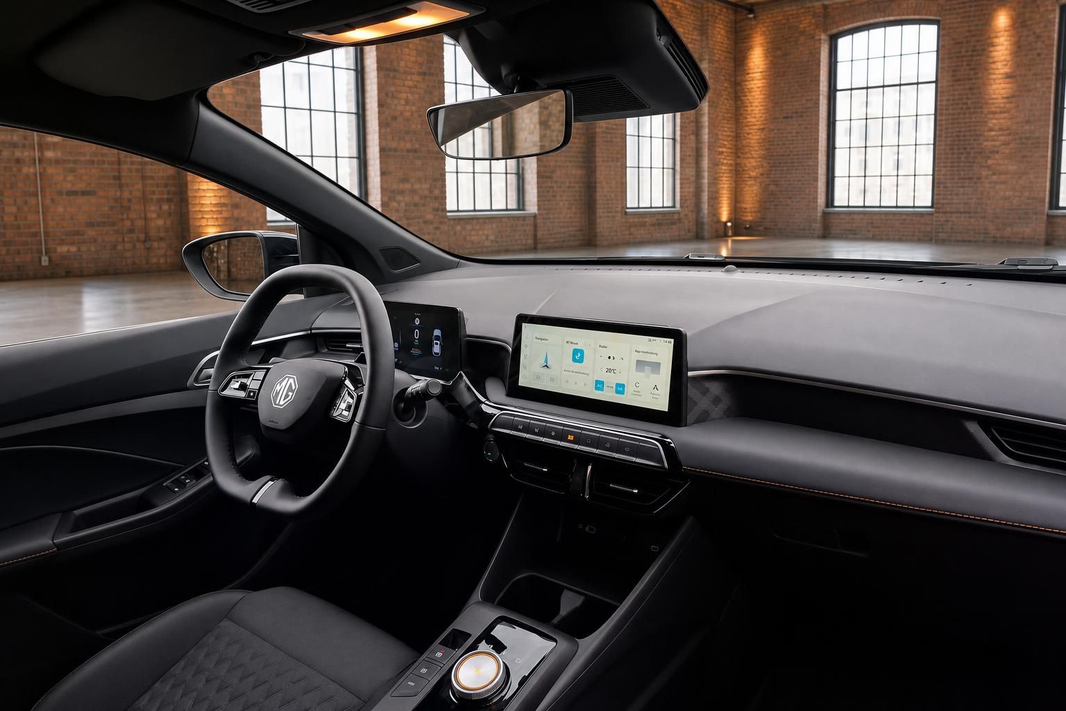 MG Cockpit mit Lenkrad, digitalem Display und Touchscreen