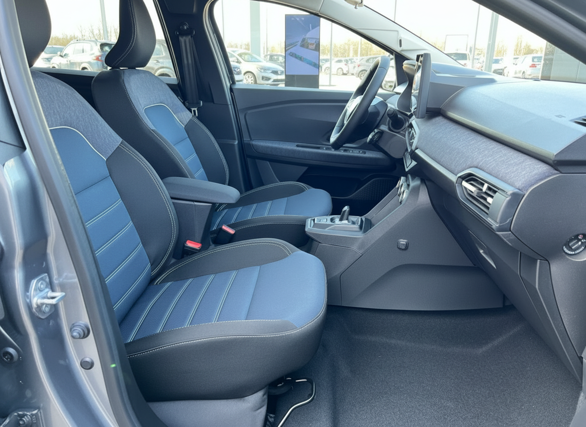 Fahrzeuginnenraum mit blauen Stoftsitzen und Mittelkonsole – modernes Kompaktauto Innenansicht