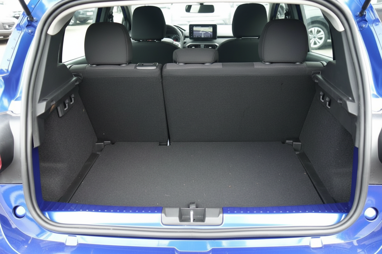 Blauer SUV Kofferraum geöffnet – geräumiger Laderaum mit umgeklappter Rücksitzbank