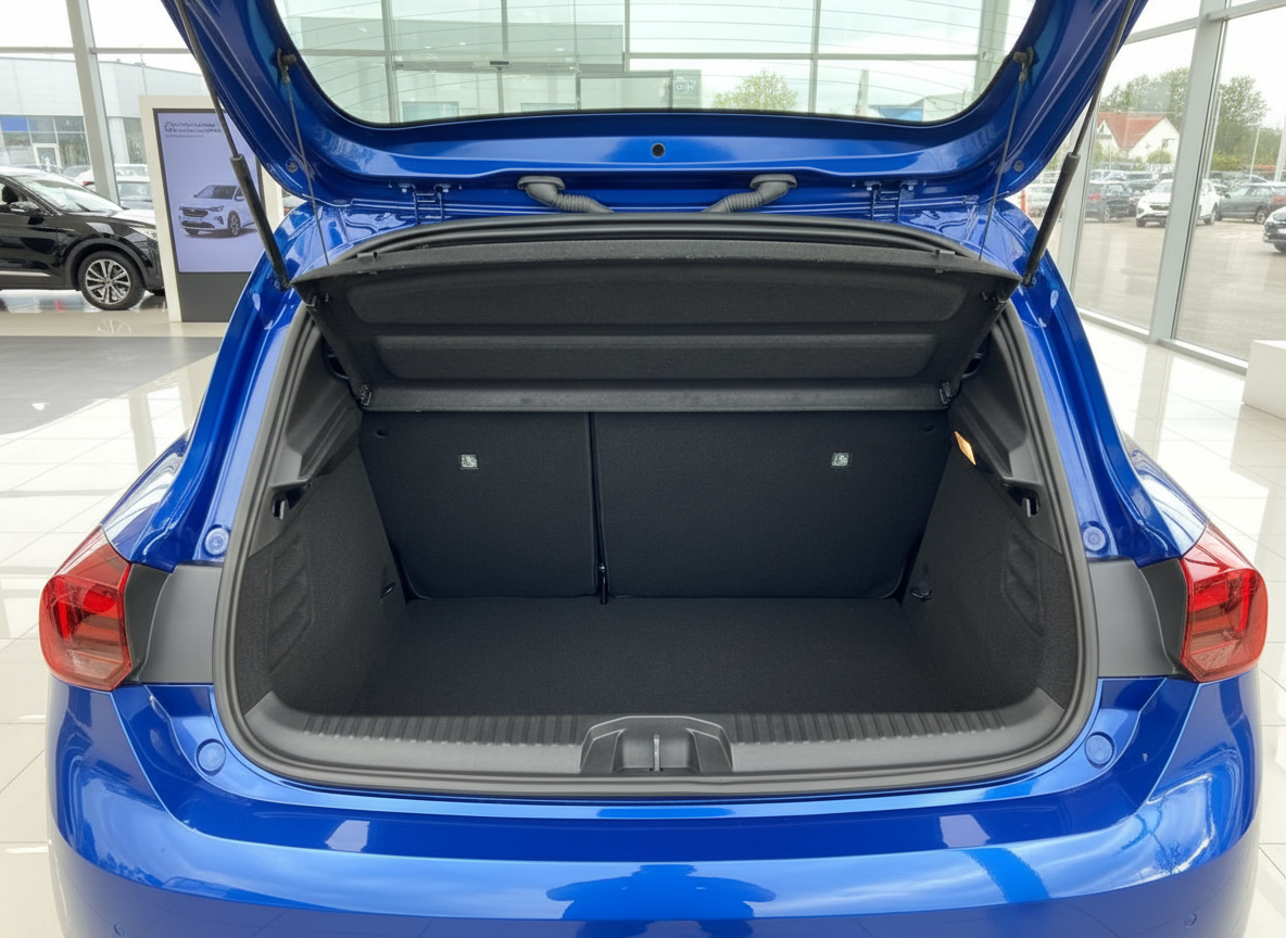 Blauer VW Polo Kofferraum geöffnet – Laderaumansicht im Autohaus