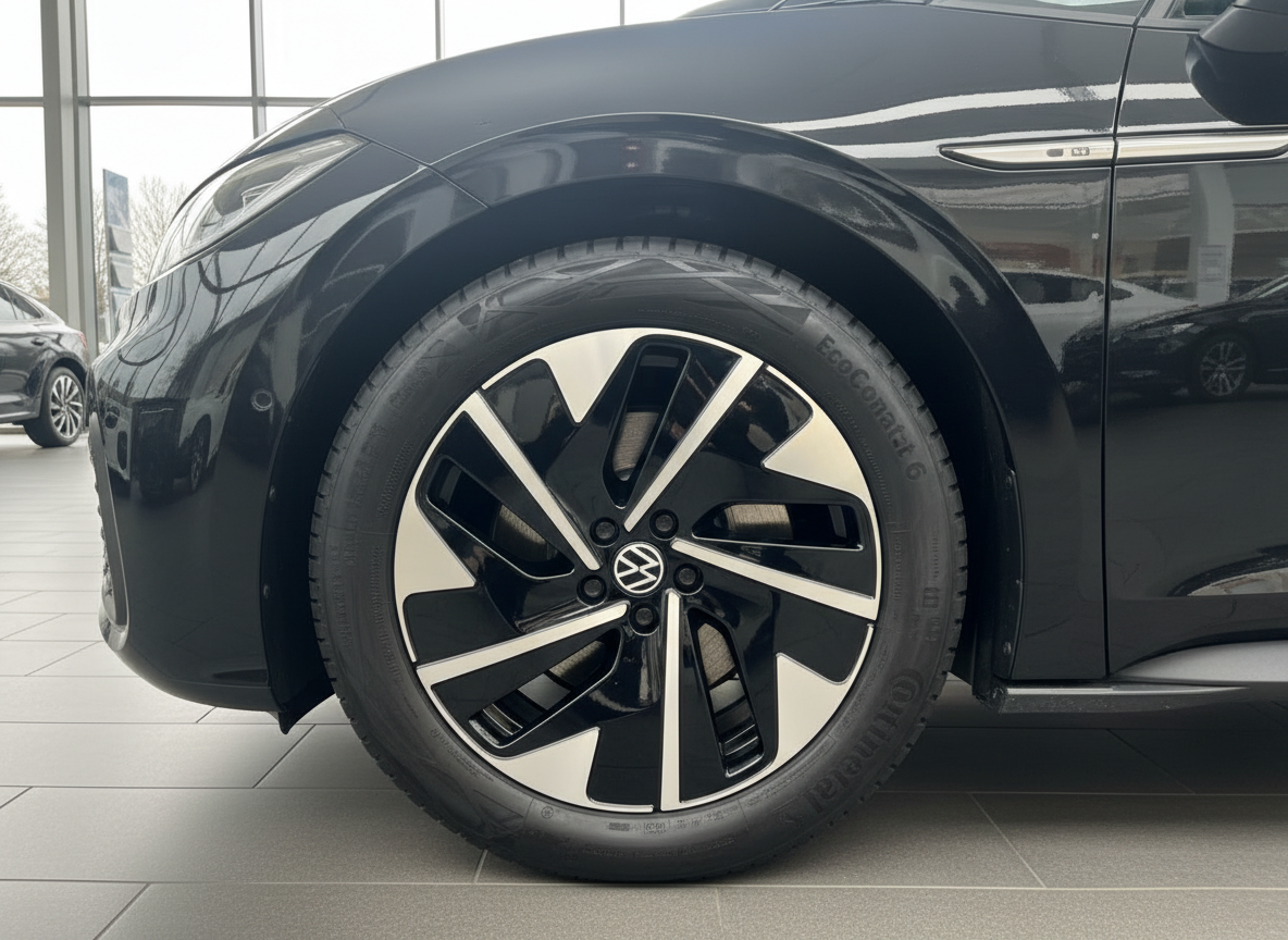 Schwarzer Volkswagen Nahaufnahme Felge mit Continental EcoContact 6 Reifen im Autohaus
