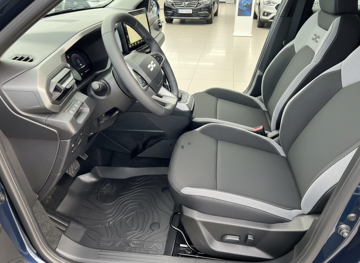 Dacia Innenraum mit schwarzen Sitzen, Lenkrad und digitalem Cockpit in Autohaus