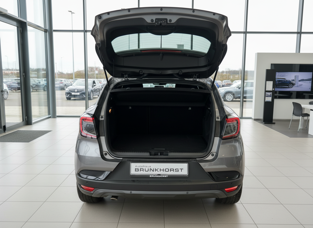 Renault Clio grau Heckansicht mit geöffneter Heckklappe im Autohaus Brunkhorst Showroom