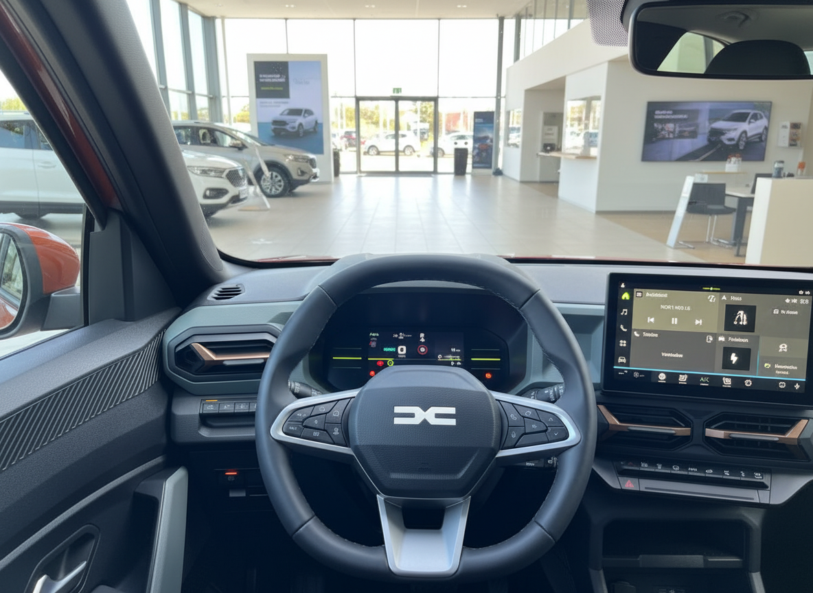Dacia Innenraum mit Lenkrad und Touchscreen-Infotainment im Autohaus