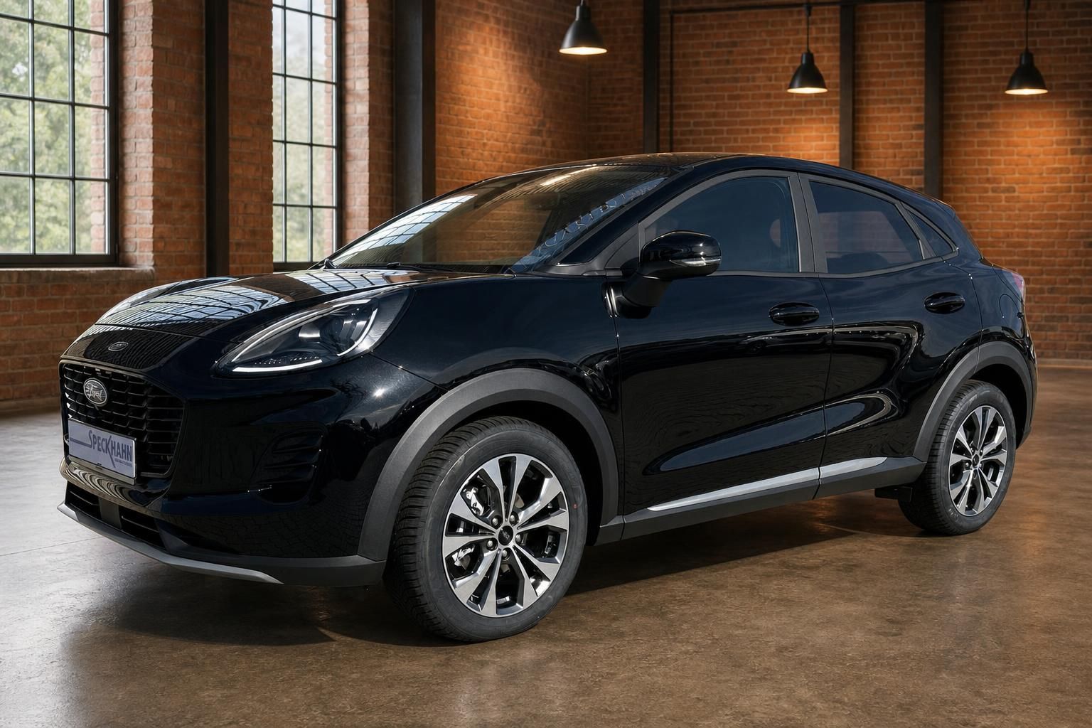 Ford Puma schwarz Frontansicht schräg rechts im Showroom – kompakter SUV